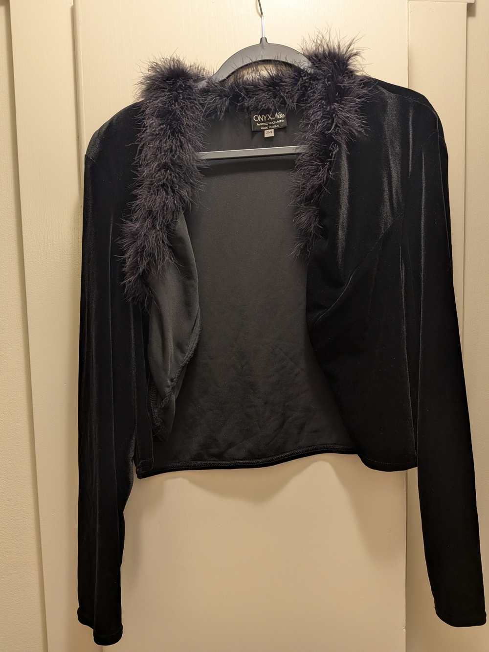 Onyx Nite Black Velvet Feather-Trim Bolero Jacket Shrug